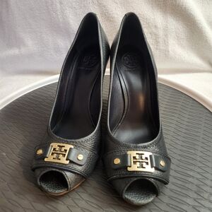 Tory Burch Emma High Open Toe Cork Wedges Black Size 11,
